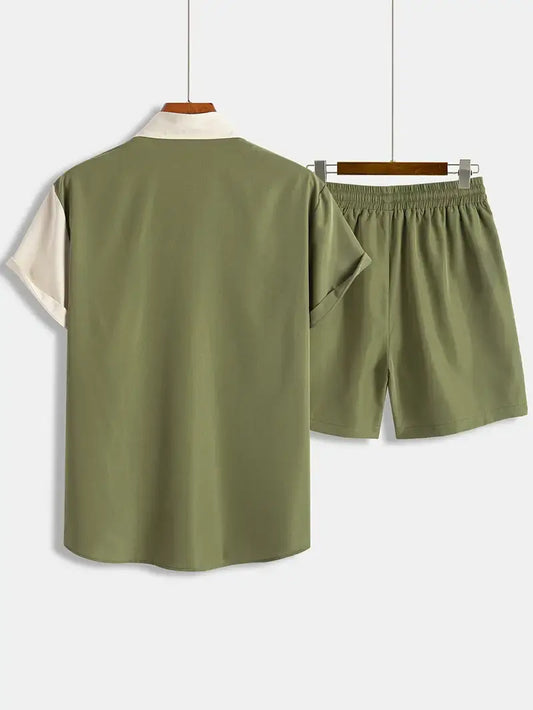 Cream and Green Mix Colored Men's Half Sleeves Cords Cotton Material - XPCRDH