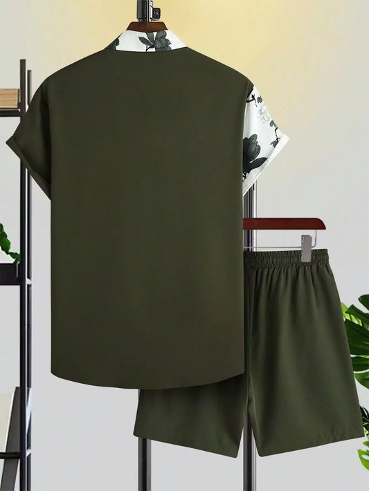Green White Flower Design Mens Half Sleeves Cords Cotton Material - XPCRDH