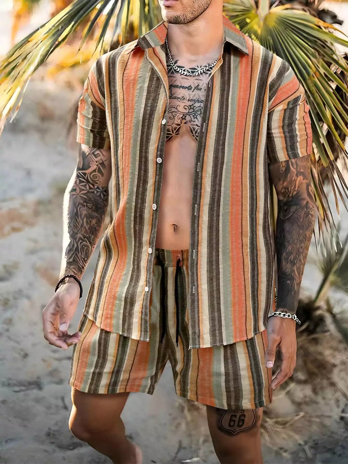Mandala Stripes  Design Mens Half Sleeves Cords Cotton Material - XPCRDH