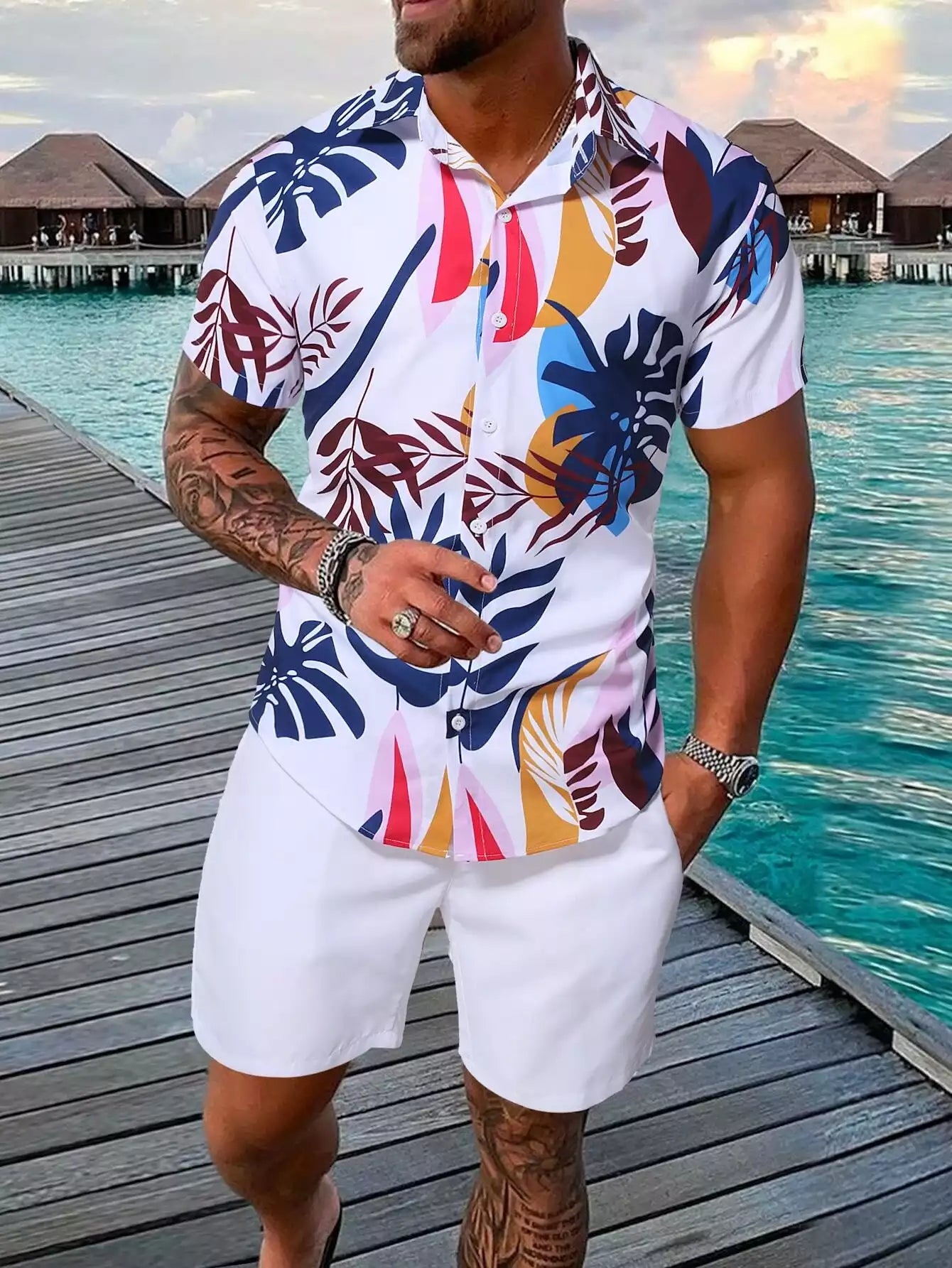 White Navy Blue Floral Design Mens Half Sleeves Cords Cotton Material - XPCRDH
